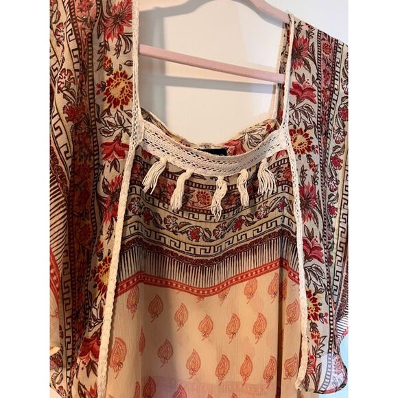 Lane Bryant Blouse 18/20 Cream Pink Brown Butterfly Sleeves Sheer Flowy Bohochic - Picture 3 of 4